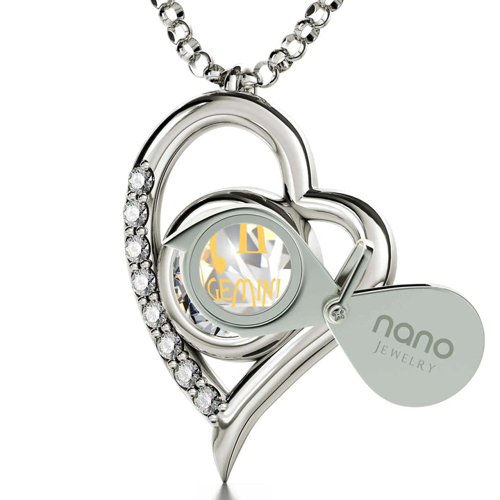 925 Sterling Silver Gemini Necklace Zodiac Heart Pendant 24k Gold Inscribed on Crystal