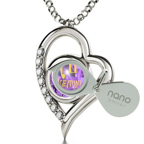 925 Sterling Silver Gemini Necklace Zodiac Heart Pendant 24k Gold Inscribed on Crystal