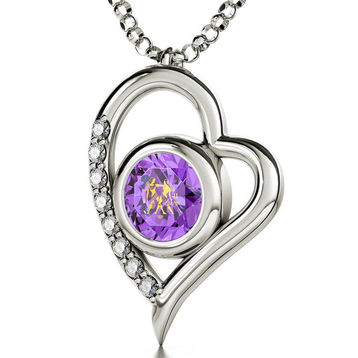 925 Sterling Silver Gemini Necklace Zodiac Heart Pendant 24k Gold Inscribed on Crystal