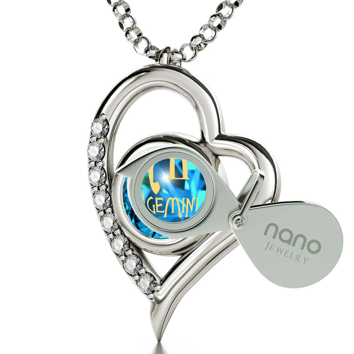925 Sterling Silver Gemini Necklace Zodiac Heart Pendant 24k Gold Inscribed on Crystal