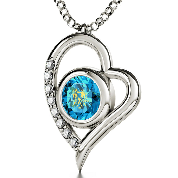 925 Sterling Silver Gemini Necklace Zodiac Heart Pendant 24k Gold Inscribed on Crystal