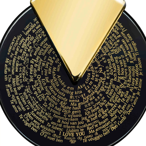 I Love You Necklace in 120 Languages 24k Gold Inscribed on Spinning Round Onyx