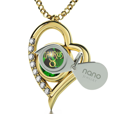 Gold Plated Silver Taurus Necklace Zodiac Heart Pendant 24k Gold Inscribed on Crystal