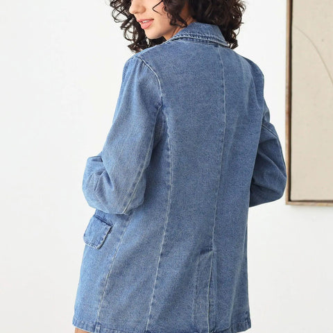 Oversize Long Sleeve Front Pocket Denim Blazer Jacket