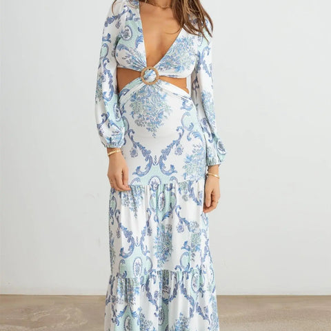 Paisley Criss-Cross O-Ring Open Back Maxi Dress